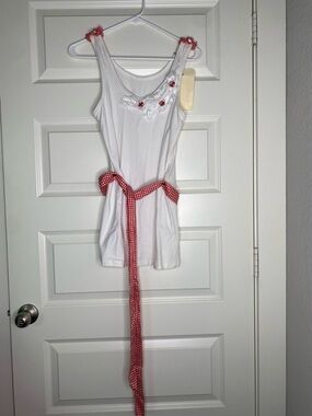 OOAK White Tank Top with Red Gingham Belt and Trim